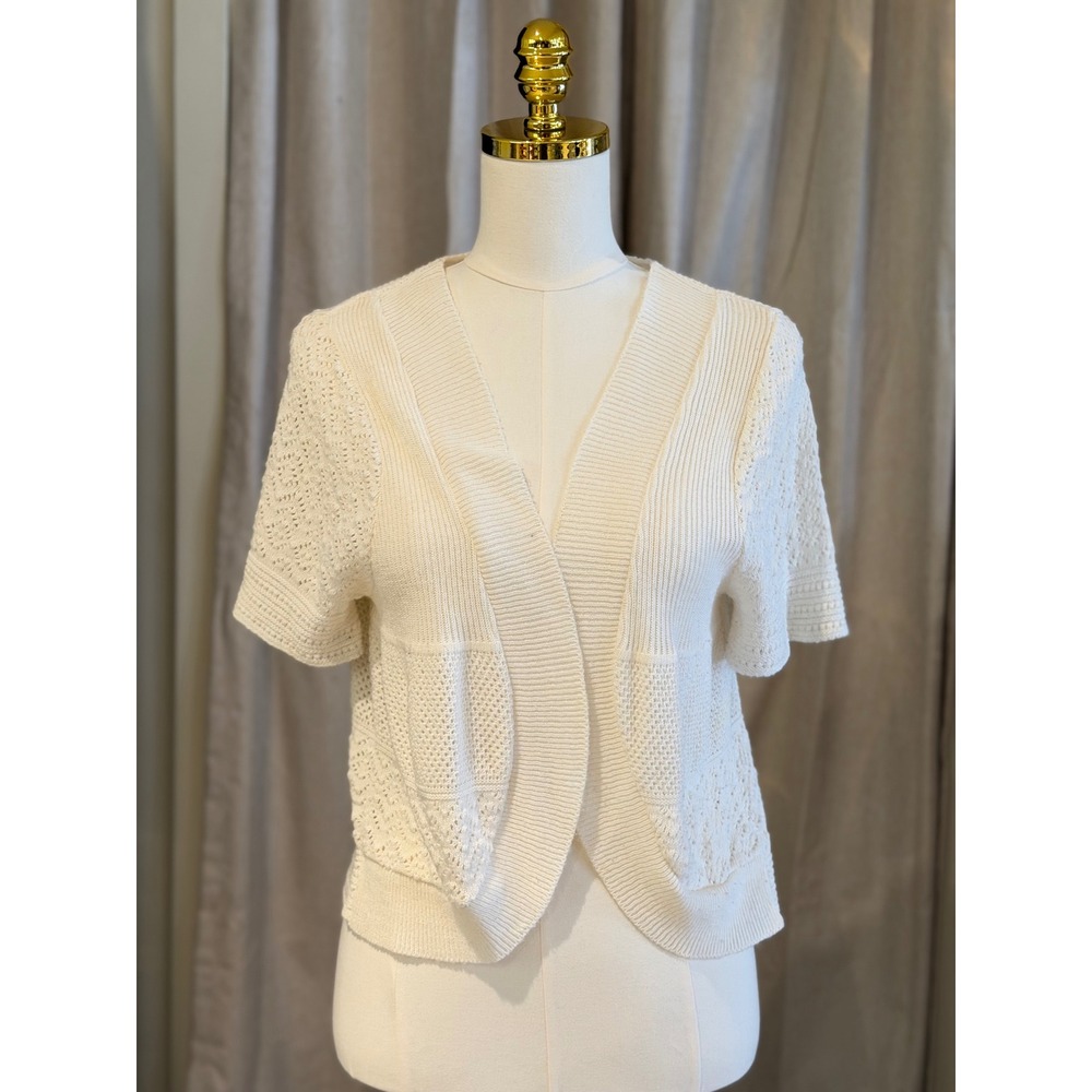 Faded Glory Womens XL Cream Crochet Pointelle Knit Short Sleeve Cardigan Shrug